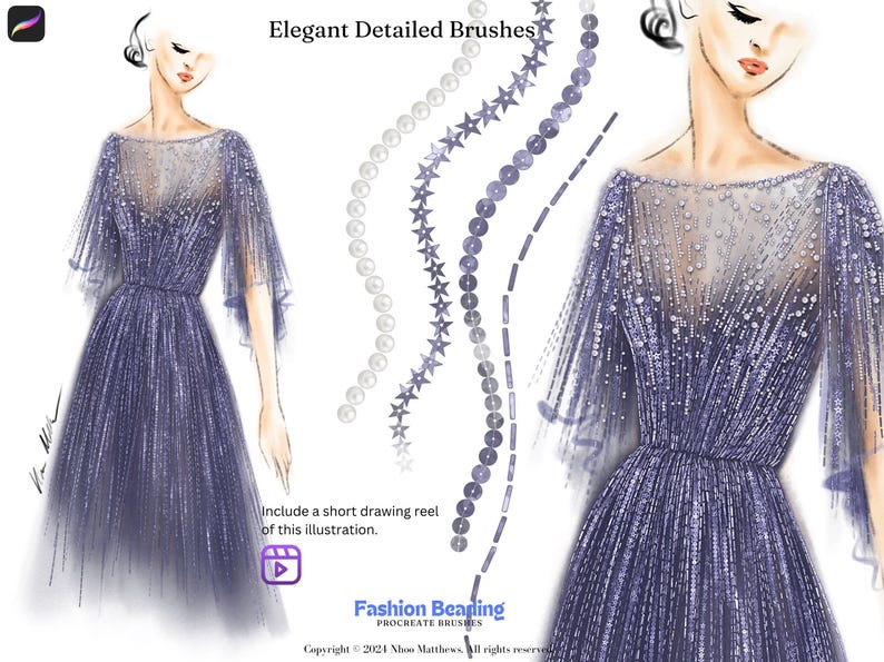 The image show digital fashion illustration drawn on Procreate application. Using Procreate fashion beading brushes for fashion design. Elegant Detailed Brushes Procreate brushes.  Showcase of fashion illustration featuring a purple beaded gown.  Brush samples include pearls, stars, and sequins in varying shades of purple and white.  Copyright 2024 Nhoo Matthews. All rights reserved.