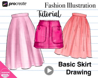 Procreate Tutorial HOW TO DRAW Fashion. Basic Skirts Drawing for Beginner Level. Procreate Brushes, Fashion figure template, video access.