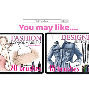 May include: Two digital illustrations of fashion design brushes for Procreate. The first illustration shows a woman wearing a pink dress and a fur coat with 20 brushes labeled "Fashion Alcohol Markers Designer's Favorites". The second illustration shows a denim jacket with 18 brushes labeled "Designer Sketch Box".