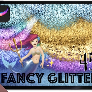 May include: Digital art piece featuring a mermaid with a golden trident, set against a backdrop of glitter in blue, purple, and gold. The text "FANCY GLITTER" and the number "45" are prominently displayed. The Procreate app icon is in the upper left corner.