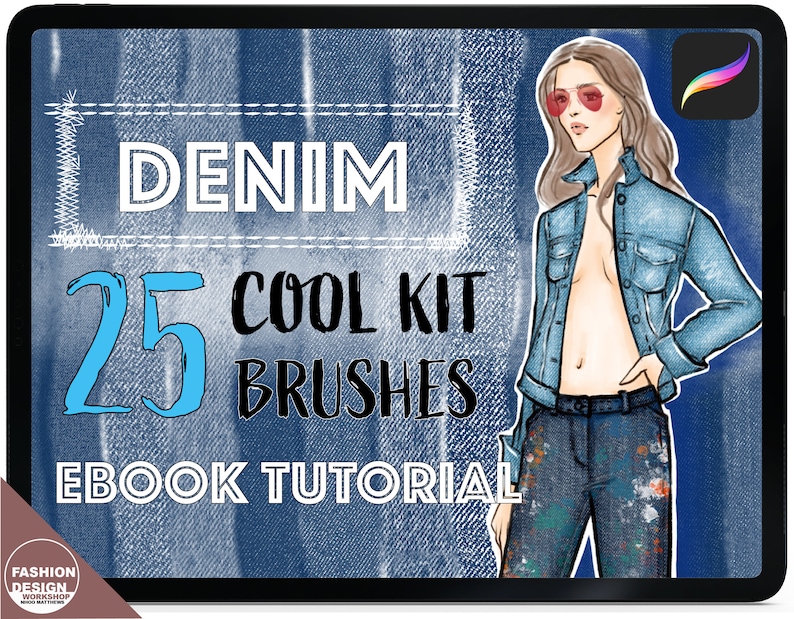 Procreate denim fabric pattern brushes. Canvas texture brushes. Jeans fabric. Fashion drawing model wear denim jacket and jeans. Come with Procreate color palette. For digital fashion illustration. Anime, manga brushes. iPad digital drawing.