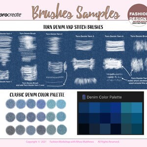 May include: A digital art brush set for Procreate featuring torn denim and stitch brushes. The set includes a classic denim color palette with 18 different shades of blue.