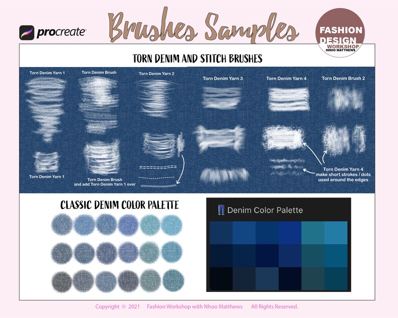 May include: A digital art brush set for Procreate featuring torn denim and stitch brushes. The set includes a classic denim color palette with 18 different shades of blue.