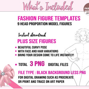 Elegant Plus Size Model Fashion Figure Template. Curvy Woman Croqui, 3 PNG Printable Digital Download Files, 9 Head Female Figures. Pose 5 image 2