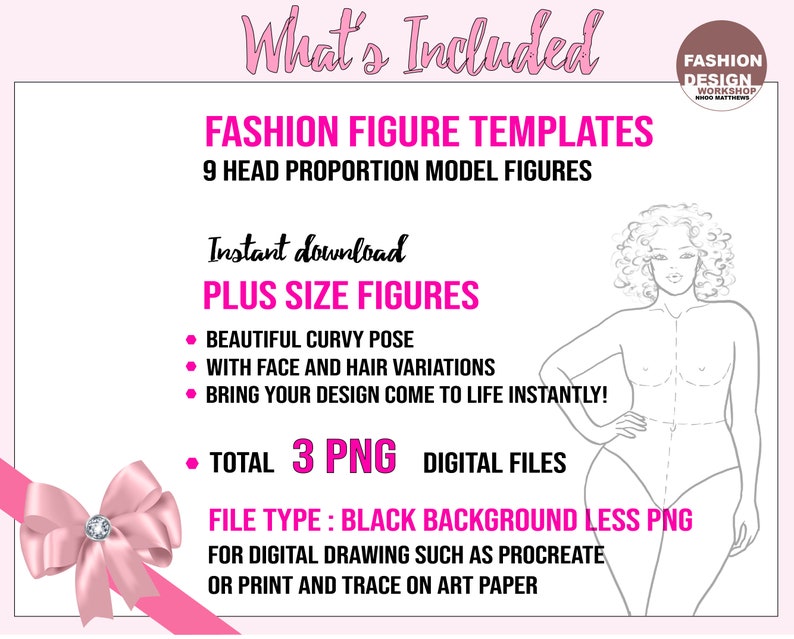 Elegant Plus Size Model Fashion Figure Template. Curvy Woman Croqui, 3 PNG Printable Digital Download Files, 9 Head Female Figures. Pose 5 imagem 2