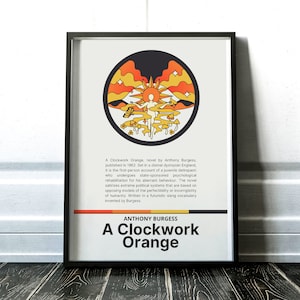 May include: A poster with a retro-style illustration of a person standing in a landscape with a sun, mountains, and mushrooms. The text "A Clockwork Orange" is in large, bold letters below the illustration. The text "Anthony Burgess" is in smaller letters above the title.
