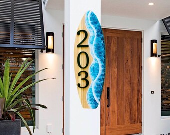 resin wave surfboard home address hanging art, bamboo, custom address sign, beach decor