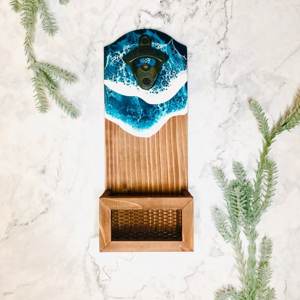 Ocean wave resin wall mounted bottle opener, beach waves, hanging, wood bottle cap collector, abstract art, handmade