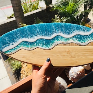 mini bamboo surfboard with resin ocean waves, cheese board, beach decor, cutting board, wall art, epoxy resin waves, surf art