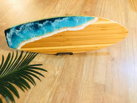 Ocean Wave Resin Serving Board, Surfboard Shaped Cutting Board, Bamboo,  Turquoise Epoxy Resin Waves, Cheese Board, Surf Tray 