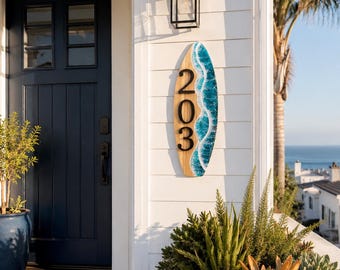 resin wave surfboard home address hanging art, bamboo, custom address sign, beach decor
