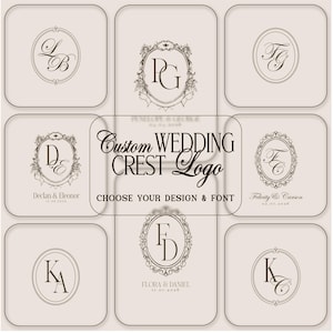 May include: A collection of custom wedding crest logos in a variety of designs and fonts. The logos feature initials and names in elegant, circular and oval frames, with floral and decorative elements. The text "Custom WEDDING CREST Logo" is also displayed.