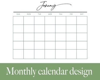 Month calendar, Printable planer, Monthly blank calendar, Simple calendar, Horizontal printable calendar pages, PDF, SVG