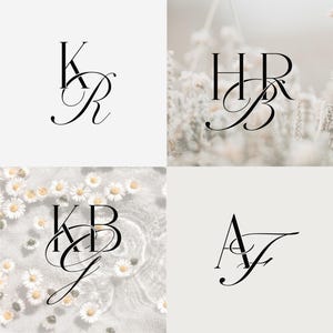 May include: Four stylish monogram designs in black script. Each features two or three intertwined letters, set against soft, neutral backgrounds. The designs include the initials KR, HRB, KBG, and AJ, ideal for personalised branding or wedding invitations.
