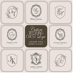 May include: A selection of custom wedding crest logos in monochrome. Each logo displays initials, names, and dates within ornate frames and shields. The central logo reads "Custom Wedding Crest Logo".