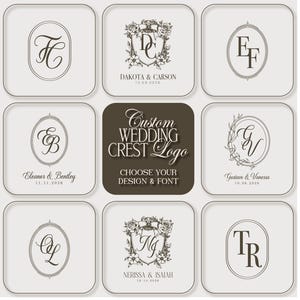 May include: A collection of custom wedding crest logos in a variety of styles. Each logo features initials, names, and dates, with floral and decorative elements. The central logo reads "Custom WEDDING CREST Logo".