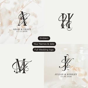Può includere: Una collezione di eleganti loghi di matrimonio in nero, con iniziali intrecciate e nomi con date. I loghi includono il testo "Emblema", "I tuoi nomi e data" e "Logo di matrimonio completo". I nomi "Adam & Grace" e "Julian & Kinsley" sono visualizzati con le loro date di matrimonio.