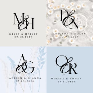 Peut inclure: Quatre modèles de monogrammes de mariage en noir. Chaque design présente des initiales entrelacées, des noms et une date. Les fonds sont gris clair, floral et bleu clair. Idéal pour les faire-part.