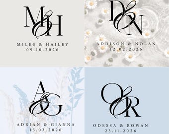 May include: Four wedding monogram designs with elegant black lettering. Each design features intertwined initials and names with a date. The backgrounds are light gray, floral, and light blue.