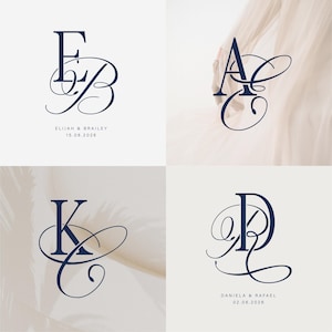 以下が含まれることがあります： エレガントな筆記体文字の4つのネイビーブルーのモノグラムデザイン。各デザインは2つの絡み合った文字を特徴とし、その下に名前と日付が記載されています。デザインは柔らかくニュートラルな背景に設定されており、結婚式の招待状などに最適です。