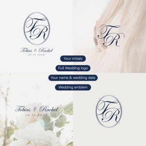 Könnte beinhalten: Ein marineblaues Hochzeitslogo mit den Initialen "TR" in einem ovalen Rahmen. Die Namen "Tobias & Rachel" und das Datum "18.11.2026" stehen darunter. Das Design wird in verschiedenen Formaten gezeigt, darunter ein komplettes Hochzeitslogo und ein Hochzeits-Emblem.
