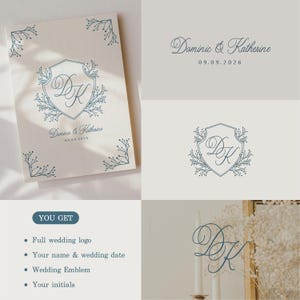 Könnte beinhalten: Eine Hochzeitseinladungssuite mit einer cremefarbenen Karte, blauem Blumendesign und den Namen "Dominic & Katherine" und dem Datum "09.09.2026". Die Suite enthält ein vollständiges Hochzeitslogo, Namen, Datum, Hochzeitswappen und Initialen.