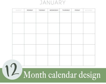 Month calendar, Printable planer, Monthly blank calendar, Simple calendar, Horizontal printable calendar pages, PDF, SVG