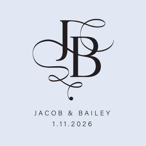 May include: A light blue background with a black monogram featuring the letters "JB" intertwined with elegant swirls. Below the monogram, the names "JACOB & BAILEY" and the date "1.11.2026" are displayed in a simple font.