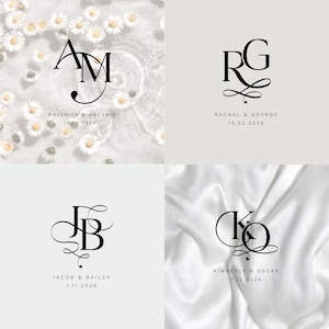 May include: Four elegant monogram designs in black, each featuring stylized initials and names. The designs include "AM" with "Maverick & Melanie 12.12.2025", "RG" with "Rachel & George 13.02.2026", "JB" with "Jacob & Bailey 1.11.2026", and "KO" with "Kimberly & Oscar 7.12.2025".
