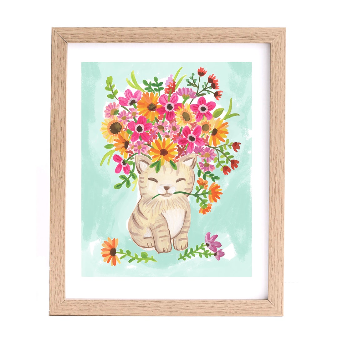 Floral Kitten Nursery Wall Art Animal Cute Sweet Aqua Pink Cat Kids ...