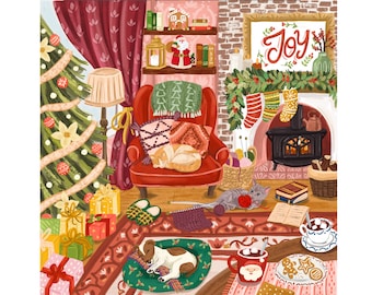May include: A cozy Christmas living room scene with a decorated tree, a red armchair with a cat napping, a fireplace with stockings, and a table with hot chocolate and cookies. The word "Joy" is written on a framed sign above the fireplace.
