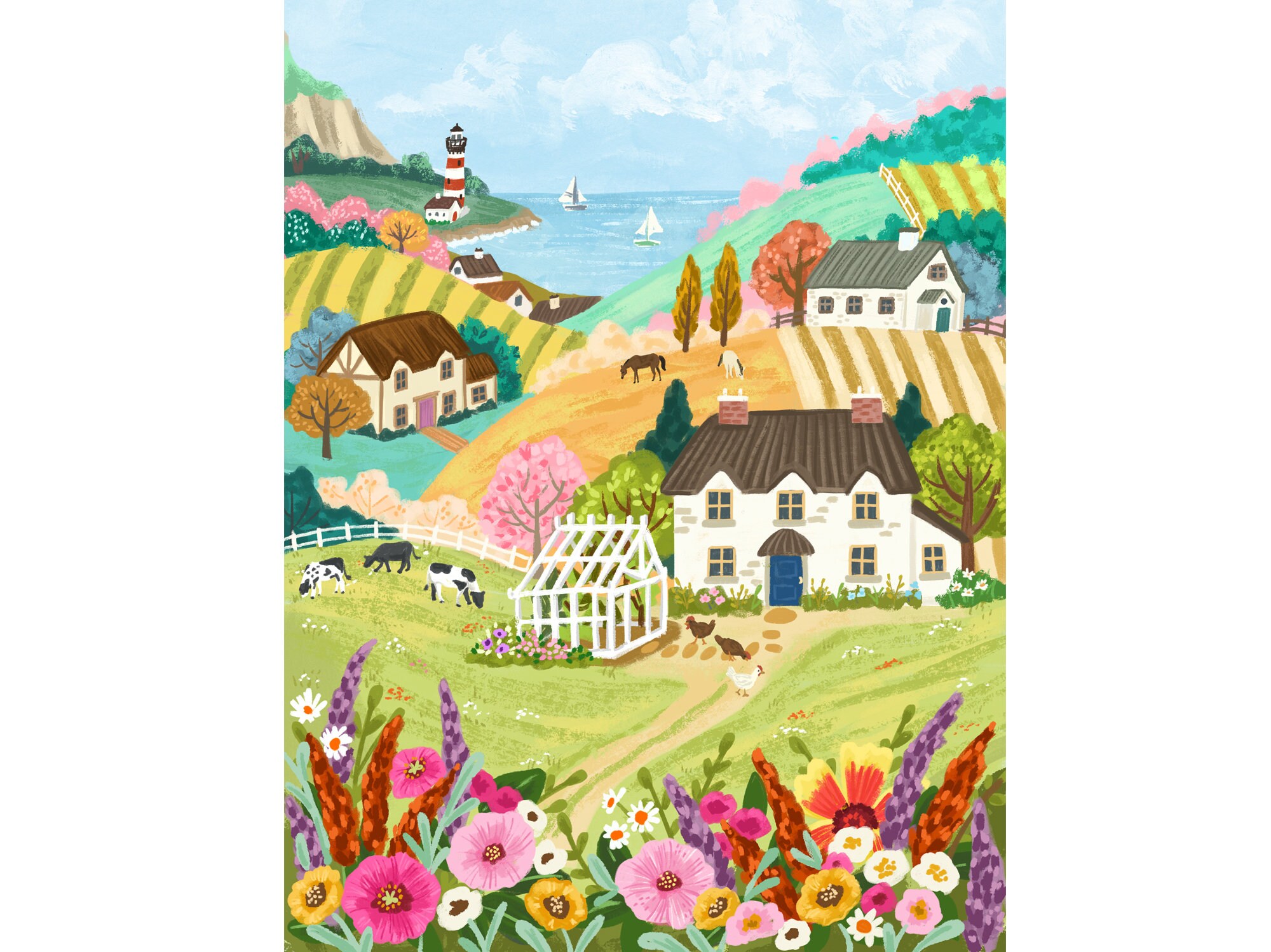 ベトナム刺繍絵　Lifestyle of the Countryside English Countryside. Giclee Art Print. Olivia Gibbs. Wall Art
