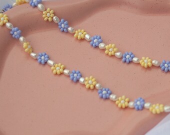 LOVER Y2K inspired flower beaded necklace with freshwater pearls, customizable