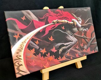 Gaming geïnspireerd originele donkere vrouwelijke ring krijger donker hout canvas muur kunst cadeau interieur print kunst klaar om op te hangen - gaming fanart