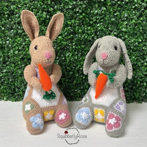Op de afbeelding: Twee handgemaakte gehaakte konijnen. De ene is bruin, de andere grijs. Elk konijn houdt een oranje wortel vast en draagt een patchworkjurk met bloemen- en geometrische patronen. De achtergrond is een groene haag.