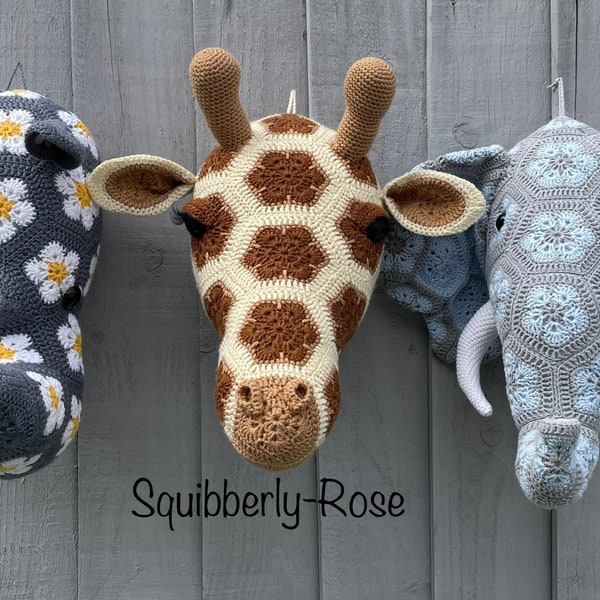 Bundle of 3 safari, elephant, giraffe, rhino African flower crochet head patterns, PDF,PATTERNS ONLY, Digital download.