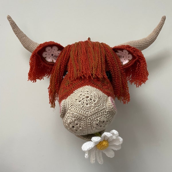 Heather the African Flower Crochet Highland Cow Trophy Head, PDF pattern only, digital download, Faux Taxidermy wall decor.