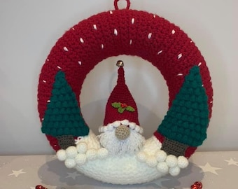 Crochet, Christmas, gonk, gnome, wreath pattern, pdf, Christmas present, festive wreath
