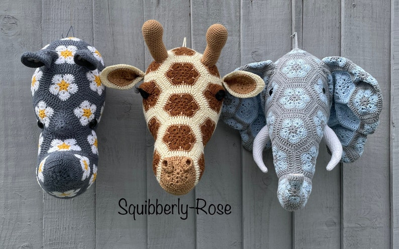 Bundle of 3 safari, elephant, giraffe, rhino African flower crochet head patterns, PDF,PATTERNS ONLY, Digital download. image 1