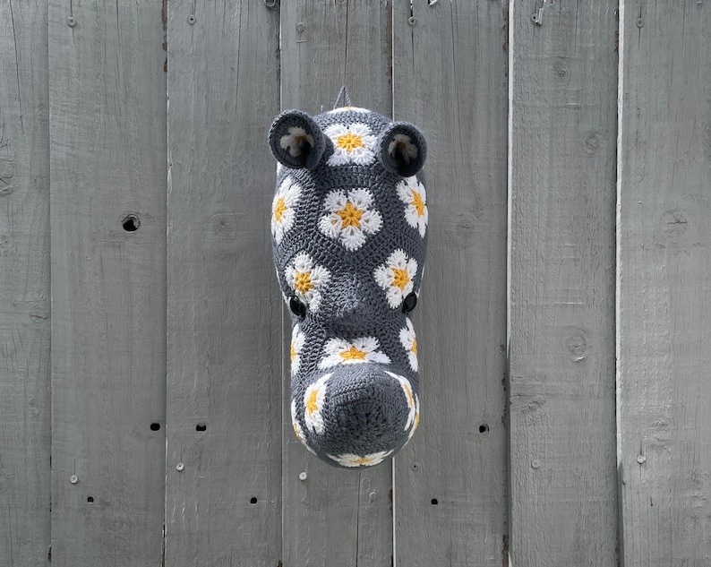 Ryan the African Flower Crochet Rhino Head, PDF pattern only, digital download, Faux Taxidermy wall decor. image 1