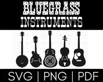 Bluegrass SVG PDF PNG Instrument Bundle Cricut Sublimation Silhouette Banjo Mandolin Dobro Guitar Fiddle Minimalist Retro Design Folk Music