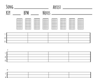 Banjo Blank Tabs and Chords Instant Printable Download (Instant Download) Blank Sheet Music Bluegrass Banjo Tablature New Year's Resolution