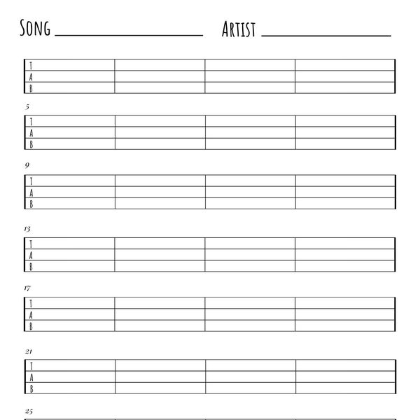 Bass Blank Tabs Instant Printable Download Instant Download Blank Sheet Music Minimalist Guitar Tablature for everyone New Year's Resolution