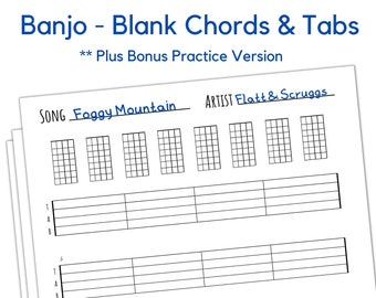 Banjo Blank Tabs and Chords Instant Printable Download (Instant Download) Blank Sheet Music Bluegrass Banjo Tablature Banjo for everyone