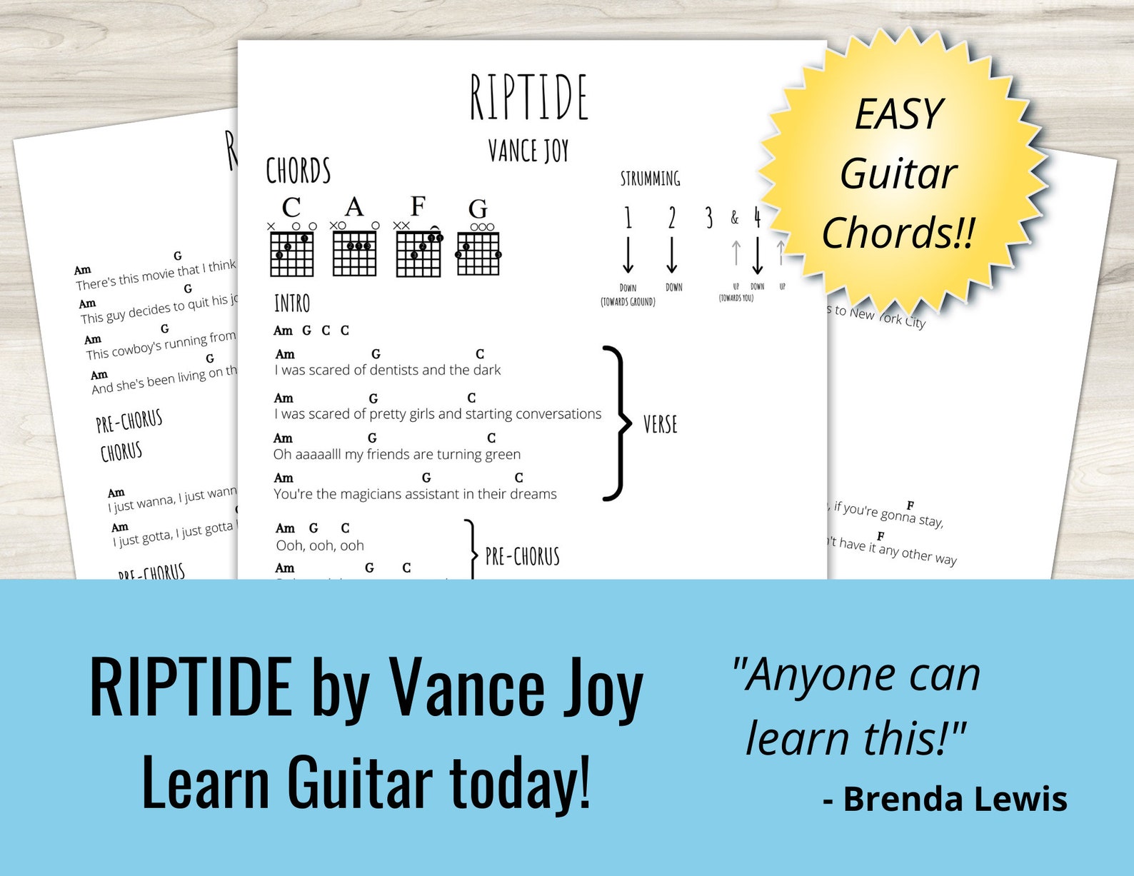 Riptide Easy Guitar Song Vance Joy Guitar Chords Instant Download Tune