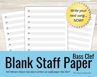 Big Blank Music Notation Sheet, Printable Staff Paper, Bass Clef (Instant Download - Large Print)