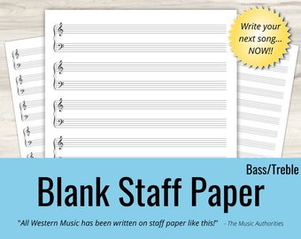 Big Blank Music Notation Sheet, Printable Staff Paper, Treble and Bass Clef (Instant Download - Large Print)