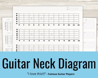 Blank Guitar Fretboard Diagram Neck Board Printable Instant Download Standard US Letter 6 String Write Down Ideas Scales Intervals Musical