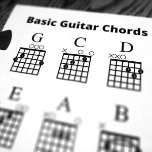 Close-up of Basic Guitar Chords on a table with a pick lying on top of the sheet.