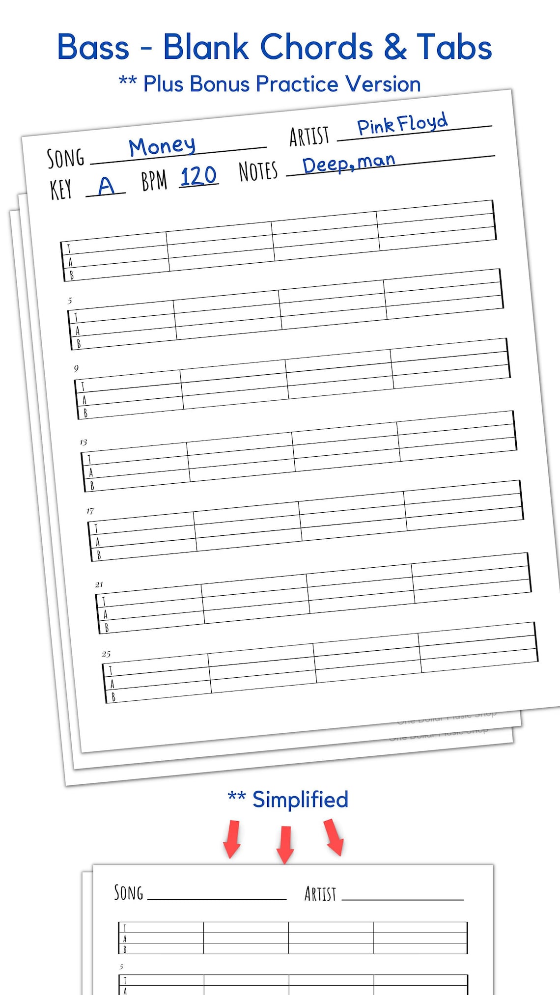 Bass Blank Tabs Instant Printable Download Instant Download Blank Sheet ...